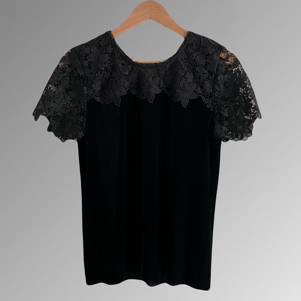 Karl Lagerfeld Black Velvet Lace Short Sleeve Top - Picture 2 of 8